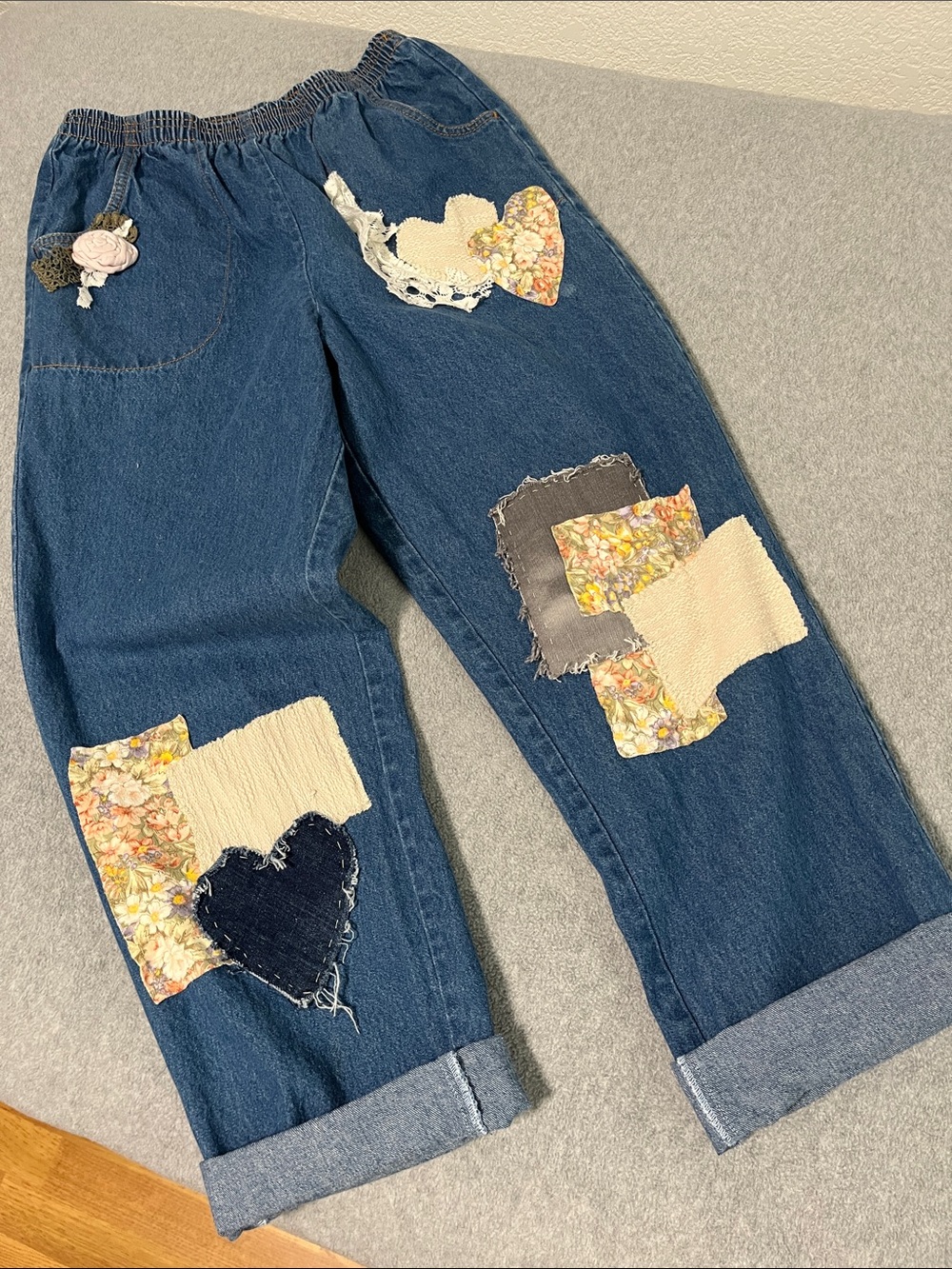 Boho Cottagecore Upcycled Patchwork Jeans Medium Indie Grunge Festival Artsy